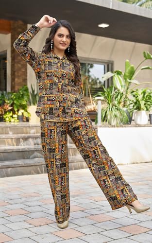 Image of KESUDI Women's Printed Co-ord Set | Multicolour Ethnic Pattern Co-ord Set | Long Sleeve Shirt with Wide-Leg Trousers Co-ord Set