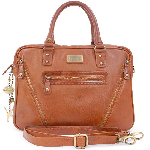 CATWALK COLLECTION - Cuir Vintage - Sac porté épaule avec Bandoulière détachable/Sac de Travail/Porte-Documents/Mallette/Compatible Pour Laptop/Ordinateur Portable - Femme - SIENNA - Tanne