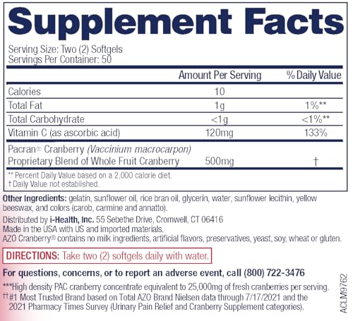 Image of AZO Cranberry Urinary Tract Health Dietary Supplement, 1 Serving = 1 Glass of Cranberry Juice, Sugar Free, 100 Softgels (Pack of 24)