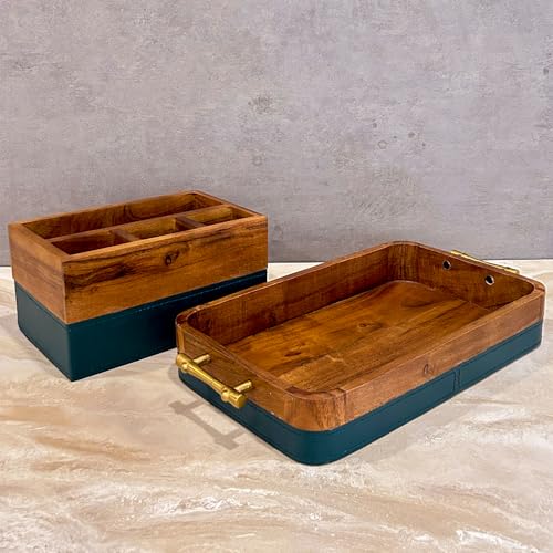 Image of Wooden Tray & Cutlery Holder Combo - Premium Leather Tray & Utensil Organizer, Elegant Dining Table Spoon Stand, Office Desk Storage, Leather-Fabric, Stylish & Functional