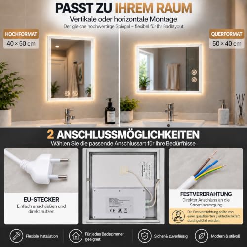 LUVODI Badspiegel mit Beleuchtung 40x50 cm, dimmbar, beschlagfrei – Ansicht 5