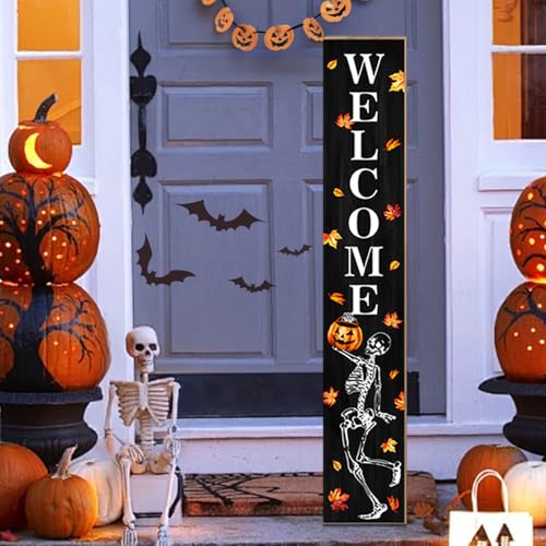 Funny Skull Porch Sign Halloween Skeleton Welcome Sign for Patio, Fall Decorations Wooden Front Door Signs Outdoor Pumpkin Standing Yard Sign Seasonal Vertical Signs for Holiday Wall Party Decor