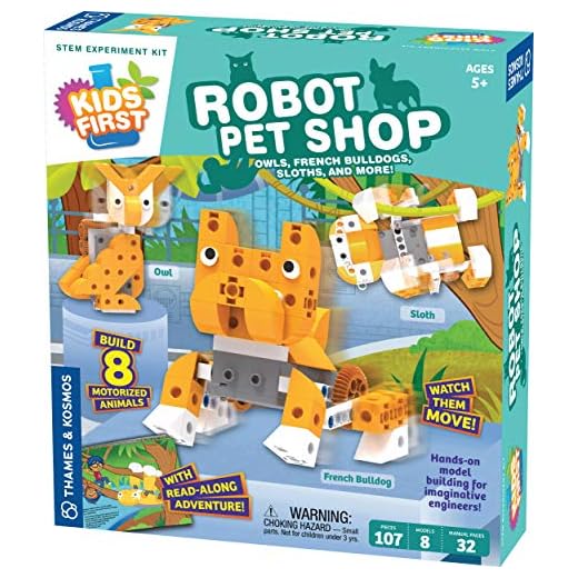 Thames & Kosmos Kids First Robot Pet Shop: Owls, French Bulldogs, Sloths & More! STEM Experiment Kit for Young Engineers | Build 8 Motorized Robots of Cute Animals | Play & Learn with Storybook Manual