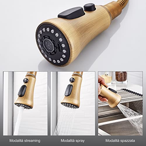 Vintage Brass Antique Bronze Kitchen Faucet Single Hole Copper Mixer Taps With Pull Down Sprayer (Stream,Spray,Powerful Aquablade) (3 Functions Sprayer) #TOP2