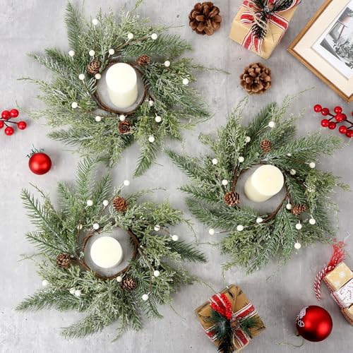 Image of 18 PCS Christmas Wreath Candle Rings Mini Wreath Pine Garland Artificial Frosted Cedar and Pine Cone Candle Rings Holder for Christmas Wedding Home Table Centerpiece Door Window Chair Wall