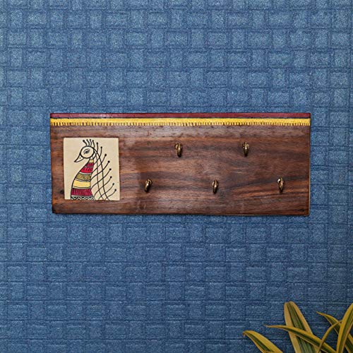 Image of ARTYSTA BEAUTIFYING LIVES 'Peacock On Plank' White Wooden Key Holder For Wall Stylish Decorative Keychain Holder Key Hanger For Home Decor (5 Hooks)