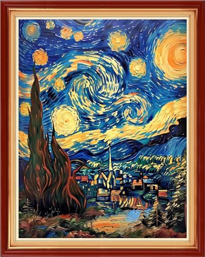 Image of Funchey Stamped Cross Stitch Kits, DIY Cross Stitch Pattern for Adults Beginners Needlepoint Kits Embroidery Kit Arts and Crafts 11CT& Starry Night Interactive Animation 16x20 inchs