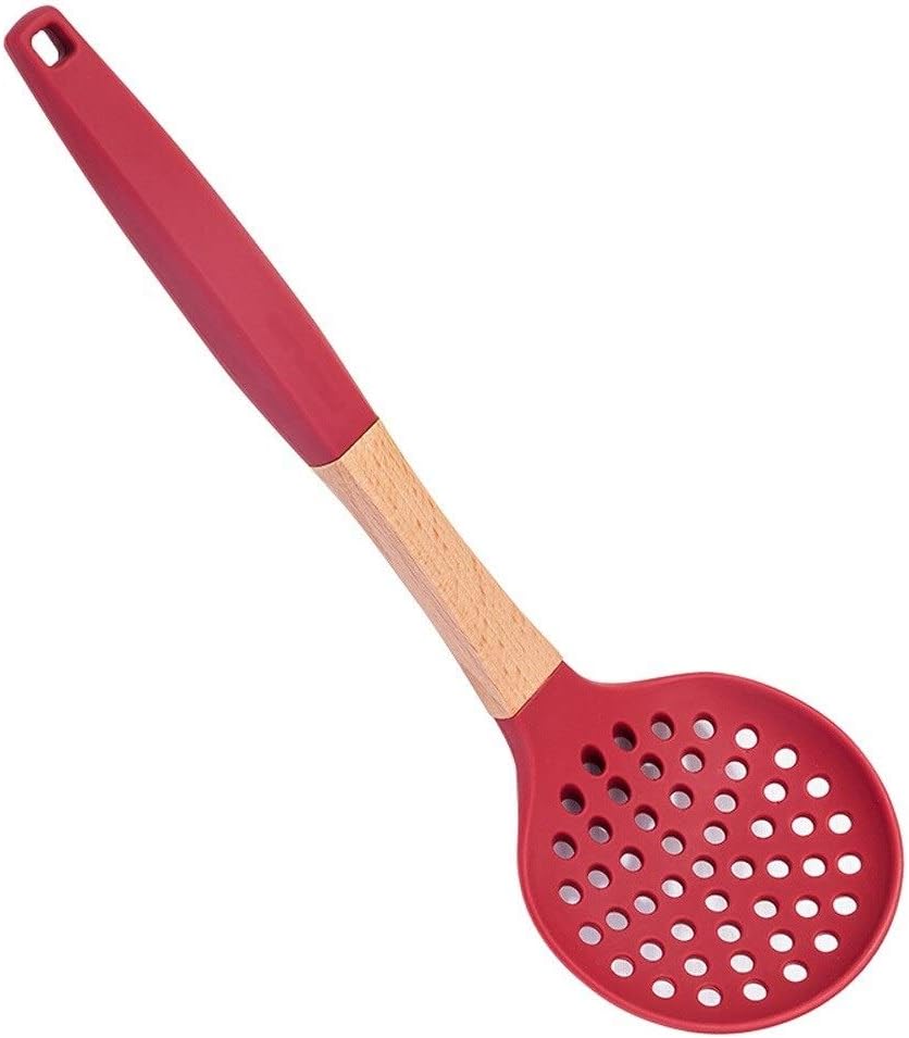 Kitchen Tool Silicone Slotted Skimmer Spatula Non-Stick Cooking Spoon Ladle Professional Colander Strainer with Long Handle for Kitchen (Red) Fine mesh Strainer