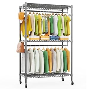 LEHOM G1 Heavy Duty Clothes Rack, 3 Tiers Rolling Garment Rack for Hanging Clothes, Adjustable Wire Clothing Rack with Storage Shelves, Lockable Wheels Freestanding Closet Wardrobe for Bedroom