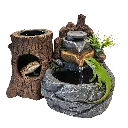 Creepet Reptile Water and Hideout Climb Device Terrarium Waterfall Drinking Fountain Water Dispenser Fountain with Food Dish for Bearded Dragon Gecko Chameleon Lizard Tree Frog & Turtle