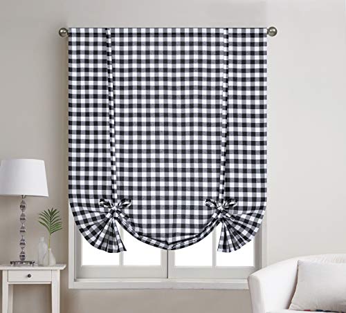 Decotex 1 Piece Buffalo Check Plaid Gingham Rod Pocket Window Tie Up Shade Curtain Panel (42" X 63", Black/White) #TOP21