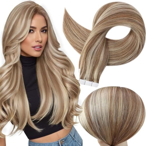 Image of Full Shine Tape in Human Hair Extensions 22Inch Pu Tape in Hair Extensions Color Golden Brown Highlighted Bleach Blonde Seamless Tape ins Skin Weft Hair Extension Tape ins 50G 20Pcs Double Sided Tapes