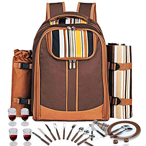 Hap Tim Picnic Backpack Bag For 4 Person With Cooler Compartment, Detachable Bottle/Wine Holder, Fleece Blanket, Plates And Cutlery Set Perfect For Outdoor, Sports, Hiking, Camping, Bbqs(Coffee) #TOP1