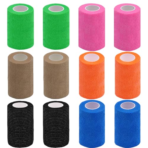 Clooflar 12 Pack Self Adhesive Bandage Wrap,3" X 5 Yards Multi-Colored Elastic Cohesive Bandage for Sports,Wrist,Ankle,Vet Wrap,Grip Tape