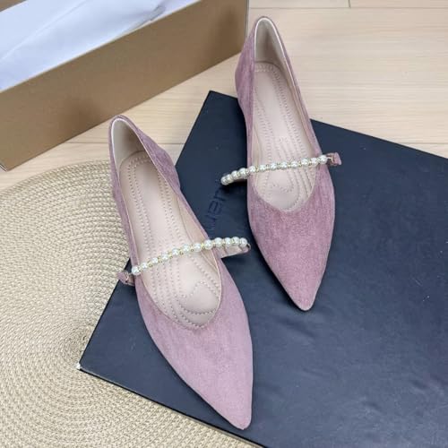 ChaiRong Zhou Women Elegant Pearl Ankle Strap Suede Mary Jane Flats Pointed Toe Lightweight Ballet Party Dress Shoes2