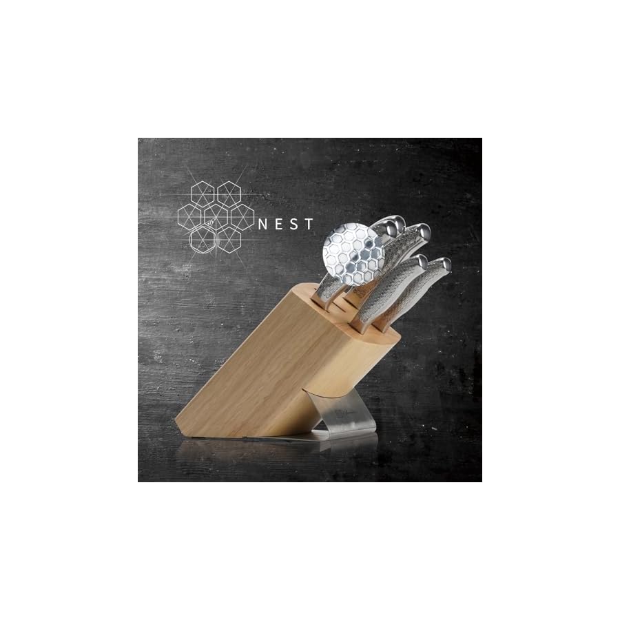 Hanmaster Kitchen Knife Set, One-piece Stainless Steel Knife Sets for Kitchen with Block, 6 Pieces Solid Natural Wood Knife Block Set, Box Packed, Silver.