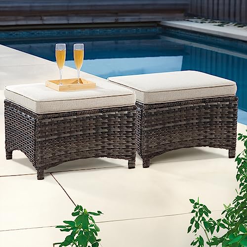 MeetLeisure Outdoor Ottomans for Patio Set of 2 PE Wicker Steel Frame Outdoor Footstool with Removable Olefin Cushions for Patio, Backyard and Deck, Beige