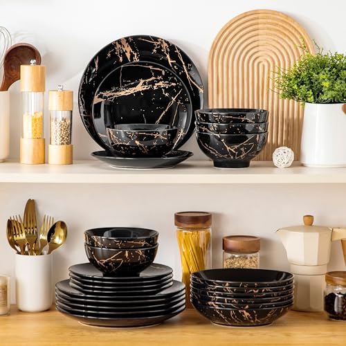 LOVECASA Tafelservice porzellan, Serie Daphne, SWEET 24-teiliges Kombiservice Set, Ess Geschirrset mit Goldspritzer Design, Speiseteller, Dessertteller, Müslischalen und Suppenteller für 6 Personen