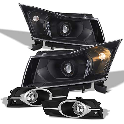 AKKON - For 2011 2012 2013 2014 Chevy Cruze Black Projector Headlights + Fog light Assebmy (Driver+Passenger Side Replacement)