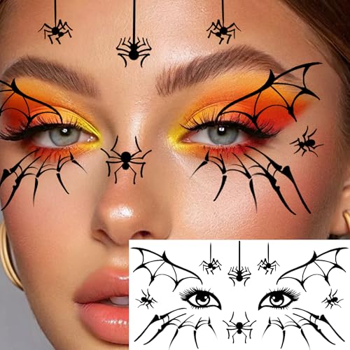 Image of 18 Sheets Horrible Spider Spiderweb Temporary Tattoos Halloween Eye Tattoos Face Tattoo Sticker, Realistic Scary Bloody Stitch Wound Fake Scar Tattoos Halloween Vampire Zombie Makeup Party Accessories