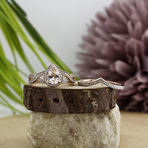 Gemvio Collection 1 1/4 Carat Ct Infinity Halo Bridal Set Ring, Pear 8X6Mm Morganite Gemstone & Diamond 14K Rose Gold Engagement Anniversary Wedding Band Ring For Womens Birthday (1.25 Cttw) Size-8 #TOP2