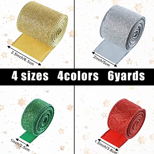 4 Rolls 24 Yards Christmas Glitter Ribbon Wired Ribbon Fabric Gold Green Red Silver Wrapping Ribbon Decorative For Christmas Party Tree Home Gift Box Decor Diy Crafts #TOP5