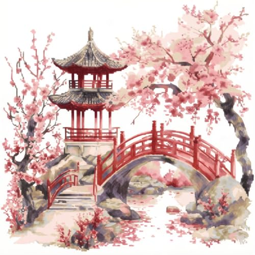 Image of YERUOUIU Pavilion Cross Stitch Kits for Adults,11 CT Cherry Blossom Needlepoint Counted Cross Stitch Kits for Beginner,Printed Dimensions Embroidery Kit for Home Wall Decor 14x14 Inch
