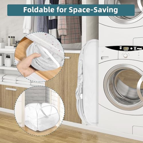 Image of 2 Pack Collapsible Laundry Baskets, 90L Large Foldable Laundry Basket, Durable Mesh Pop Up Hampers for Laundry, Dirty Clothes Laundry Hamper for Bedroom, Bathroom, Dorm, Laundry Room, Travel White