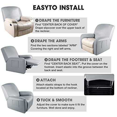 Pu Leather Recliner Slipcovers With Pockets，4 Pieces Waterproof Stretch Recliner Chair Covers，Washable Furniture Protector With Anti-Slip Elastic Strap Shield For Pets Kids Children Pets (Gray) #TOP5