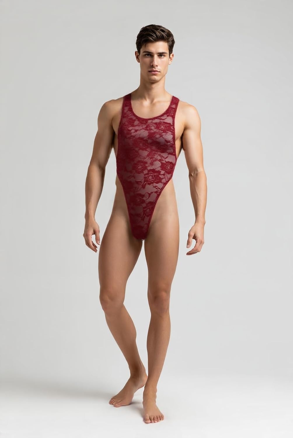 Men's Sexy Rose Lace High Cut One-Piece Undershirt Overall Muscle Shirt Skinny Bodysuit Clubwear