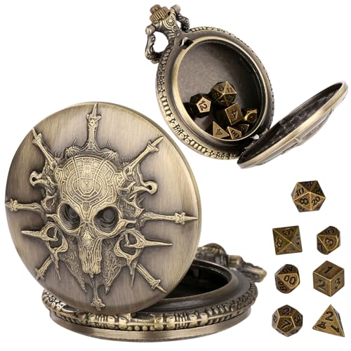 Mini DND Dice Set Steampunk Warlock Pocket Watch Shell Case, 7pcs Polyhedral Metal D&D Dice Set, DND Gifts with Gift Box for Gamer, Role Playing Board Games Accessories, Bronze