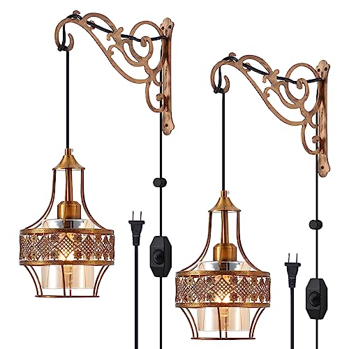 Image of Boho Plug in Wall Sconces Set of Two,Dimmable Vintage Wall Hanging Lights with Plug in Cord with Gold Metal Arm,Wall Mount Hanging Lamp for Bedroom Living Room