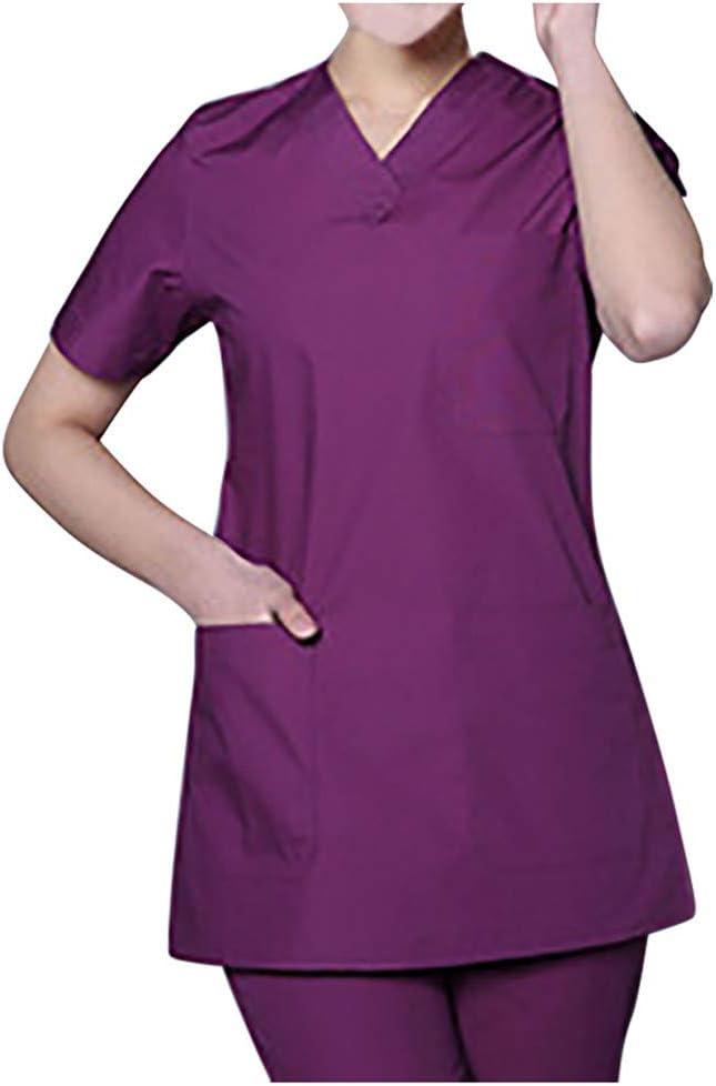 Unisex Healthcare Tunic Uniform, Short Sleeve V-neck Tops+Pants Nursing Working Uniform Set Suit Nurses Healthcare Tunic Hospitality Nurses