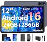 JJGJ 2026 12 Inch Android 16 Tablet with Keyboard, 24GB+256GB+2TB Expand, 2K Gemini AI Tablet with 5G WiFi, Octa-Core, 8000mAh, BT5.0, 16+8MP, 2 in 1 Tablets PC with Case, Mouse, Stylus (Black Case)