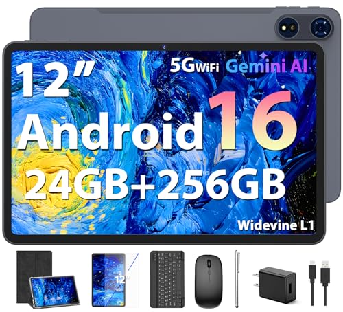JJGJ 2026 12 Inch Android 16 Tablet with Keyboard, 24GB+256GB+2TB Expand, 2K Gemini AI Tablet with 5G WiFi, Octa-Core, 8000mAh, BT5.0, 16+8MP, 2 in 1 Tablets PC with Case, Mouse, Stylus (Black Case)
