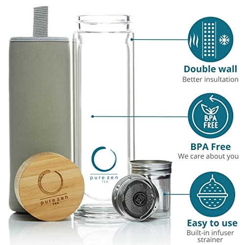 Pure Zen Tea Infuser Bottle - Insulated Glass Tea Bottle For Loose Leaf Tea - Tea Tumbler With Infuser - Portable Travel Tea Mug For Infused Water - Tea Diffuser Thermos On The Go - 15 Oz #TOP2