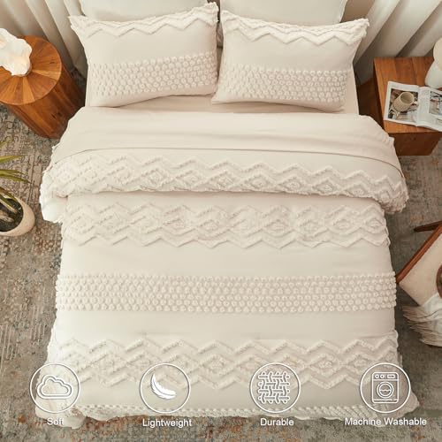 Image of Luxudecor Beige Tufted Comforter Set Queen Size 3 Pieces Boho Shabby Chic Comforter Farmhouse Embroidery Bedding Set Soft Comforter for All Seasons (Beige, 90''x90'')