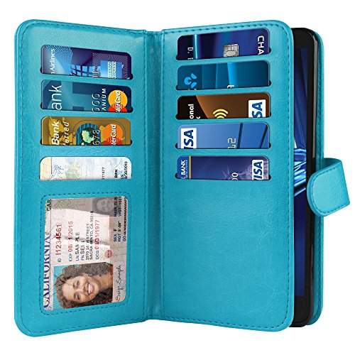 NEXTKIN Case Compatible with Motorola Droid Turbo 2 Kinzie XT1585 X Force XT1580, Leather Dual Wallet TPU Cover, 2 Pockets Double Flap, Multi Card Slots Snap Button Strap for Kinzie XT1585 - New Teal