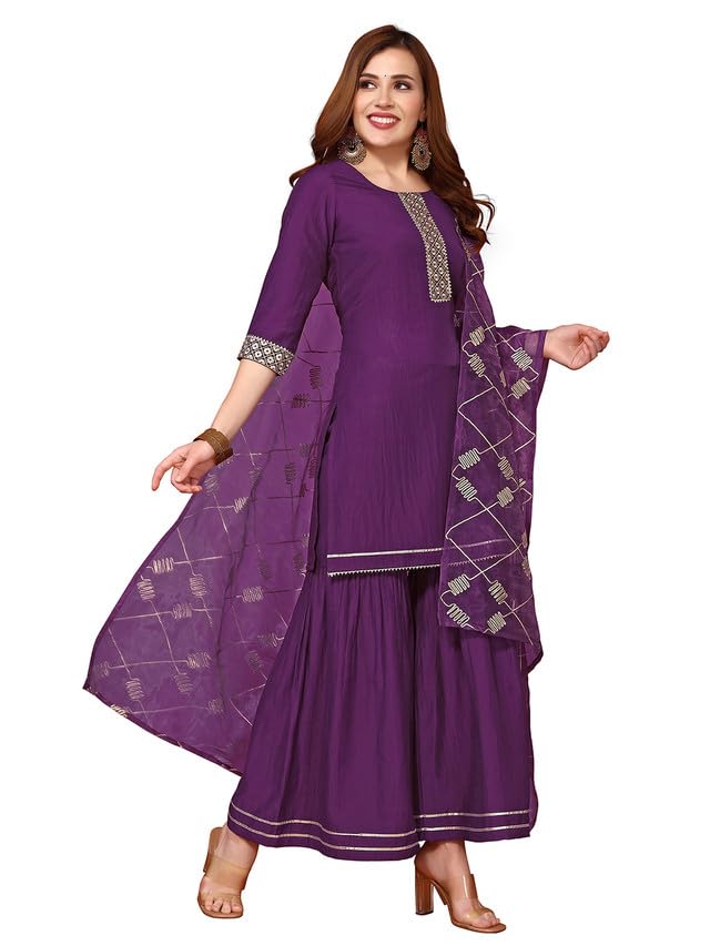 Image of SIRIL Women's Polyester Chinnon Embroidery A-Line Kurta & Sharara & Dupatta