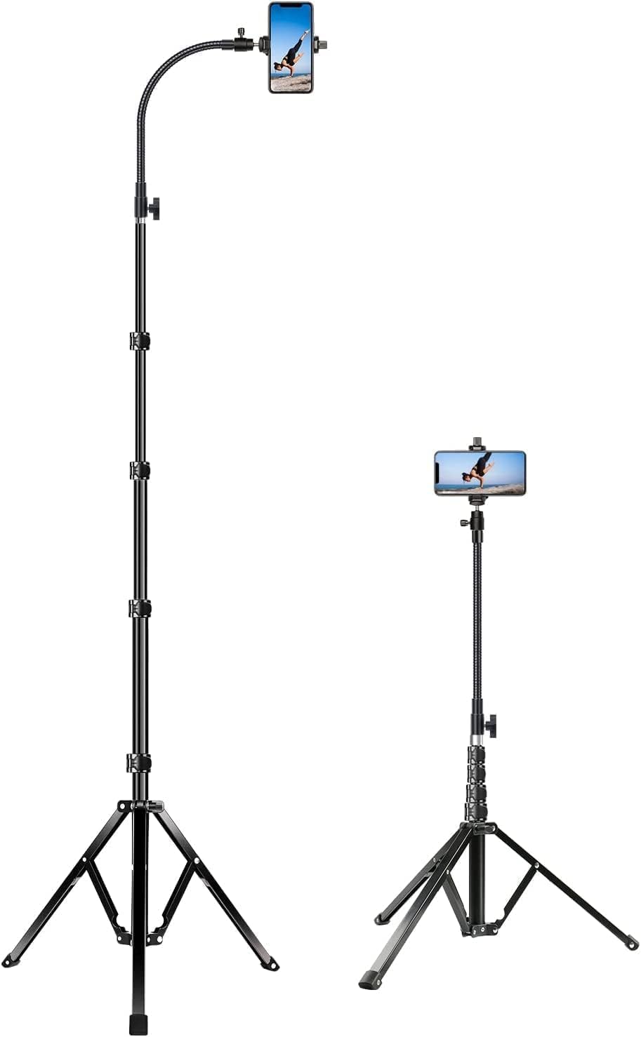 Elitehood 205cm Hoch Handy Stativ, Flexibel Overhead iPhone Stativ mit 43cm Verstellbarer Schwanenhals, Schwerlast Aluminium Tripod für iPhone 14 13 12 Pro Max Mini/Android Smartphone