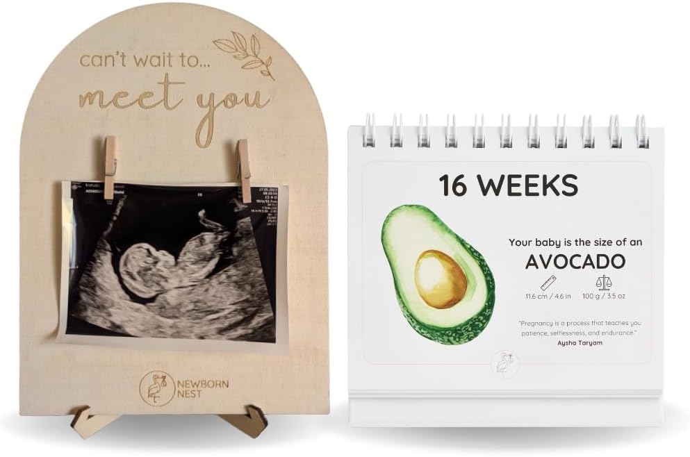 Pregnancy Calendar and Wooden Ultrasound Photo Frame Bundle | Pregnancy Gift for Expecting Mothers by Newborn Nest