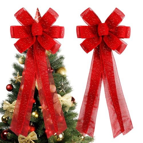 Giant Red Christmas Bows (14.5"x31.5") - 3D Multi-Glitter Mesh Style,