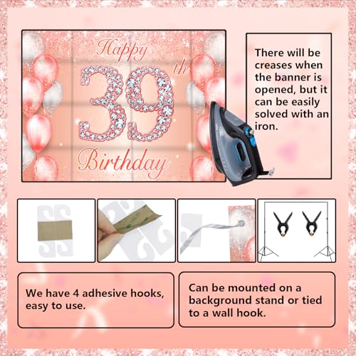 Image of Happy 39th Birthday Rose Gold Banner Cheers to 39 Years Old Backdrop Confetti Balloons Theme Decor for Women 39 Years Old Pink Birthday Party Decorations Bday Supplies Background Favors Gift Glitter