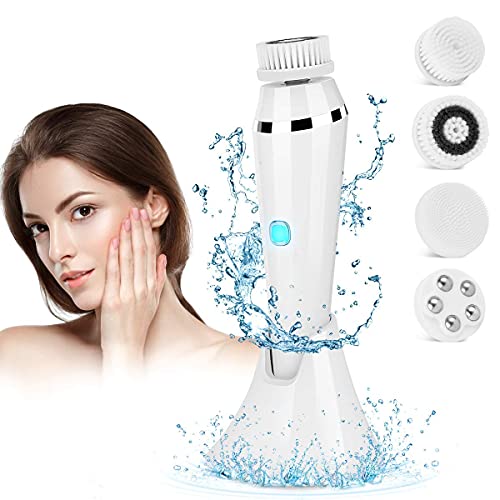 Facial Cleansing Brush Waterproof Spin Brush Face Cleaner Rechargeable Electric 3 Speeds Spa System Face Brush with 4 Brush Heads for Removing Blackhead Deep Cleansing and Exfoliating