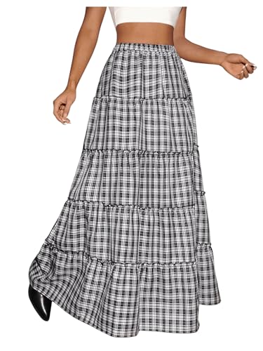 SHENHE Women's Plaid Maxi Skirt High Slit A Line Flowy Tiered Ruffle Y2k Vintage Long Skirt3