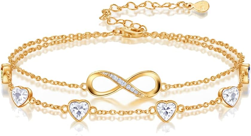 Prismata Infinity Birthstone Charm Link Bracelet/Anklet 925 Sterling Silver Adjustable 12 Months Birthstone Infinity Bracelet/Anklet Birthday Jewelry Gifts for Women Her