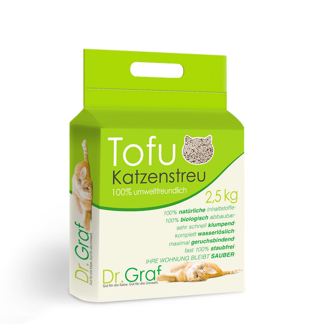Dr. Graf Tofu Arena para Gatos, 100% Natural, innovadora Arena de grumos, inodora, Completamente Soluble en Agua, Biodegradable, sin Polvo, Extremadamente Absorbente y de Secado rápido (Peso: 2,5 kg)