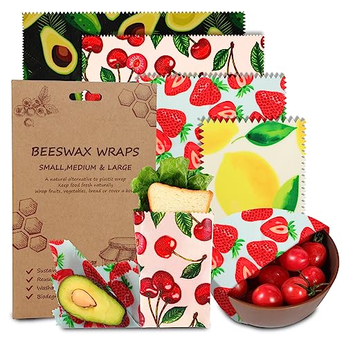Reusable-Beeswax-Wrap-4-Pack-Eco-Friendly-Beeswax-Wraps-For-Food-Organic-Sustainable-Biodegradable-Zero-Waste-Plastic-Free-Food-Storage-1L-Avocado-1M-Cherry-1S-Strawberry-1XS-Lemon-Patterns