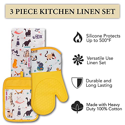 Oven Mitt And Potholder Kitchen Set - 3 Piece Frisky Cats At Play Pattern Kitchen Accessory-Heat Resistant For Home And Professional Use-Hands Protection Waterproof Oven Glove Potholder And Tea Towel #TOP1