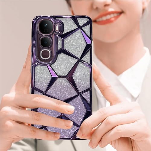 Image of VONZEE Gradient Glitter Case for VIVO Y400, Luxury Electroplated 3D Cube, Diamond Bling Shiny Soft TPU Clear Shockproof Women Girls Protective Phone Cover (Deep Purple)